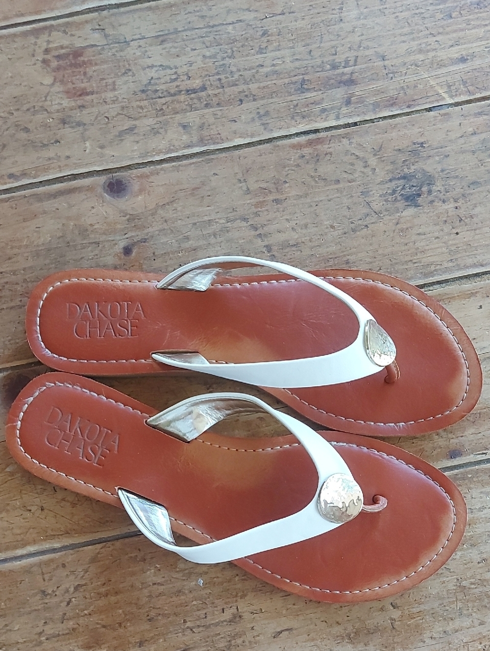 Women's White and Brown Leather Thong Sandals
